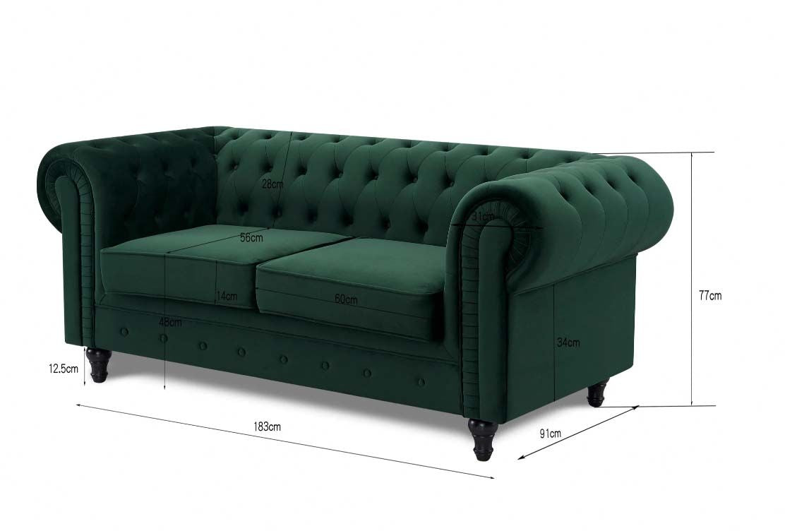 Harper Chesterfield 2 Seater Fabric Sofa - Pleat Green Velvet