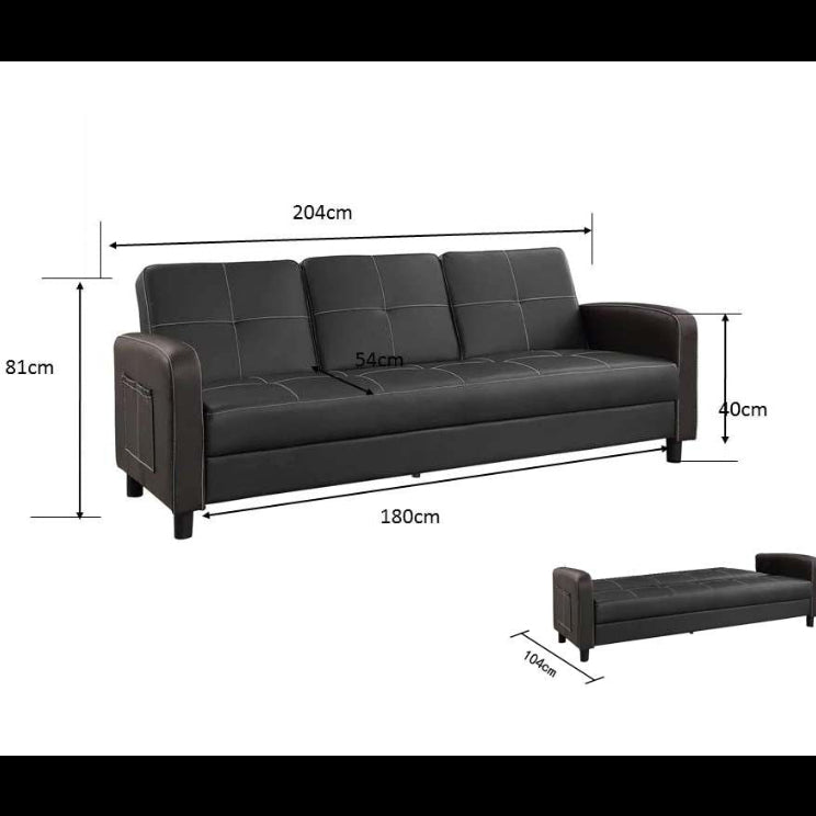Florida 3 Seater Faux Leather Sofa Bed  Modern Design with Magazine Pocket Cup Holder - Black