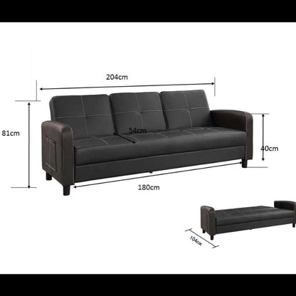 Florida 3 Seater Faux Leather Sofa Bed  Modern Design with Magazine Pocket Cup Holder - Black
