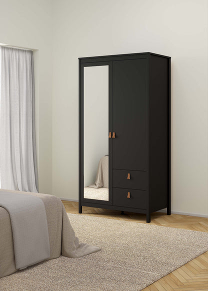 Madrid Wardrobe with 1 Plain door 1 mirror door and 2 drawers - Black